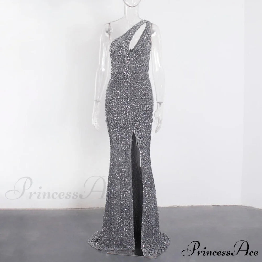 Sexy Hole Cut Out Grey Sparkle Sequins Maxi Dress gray / XS