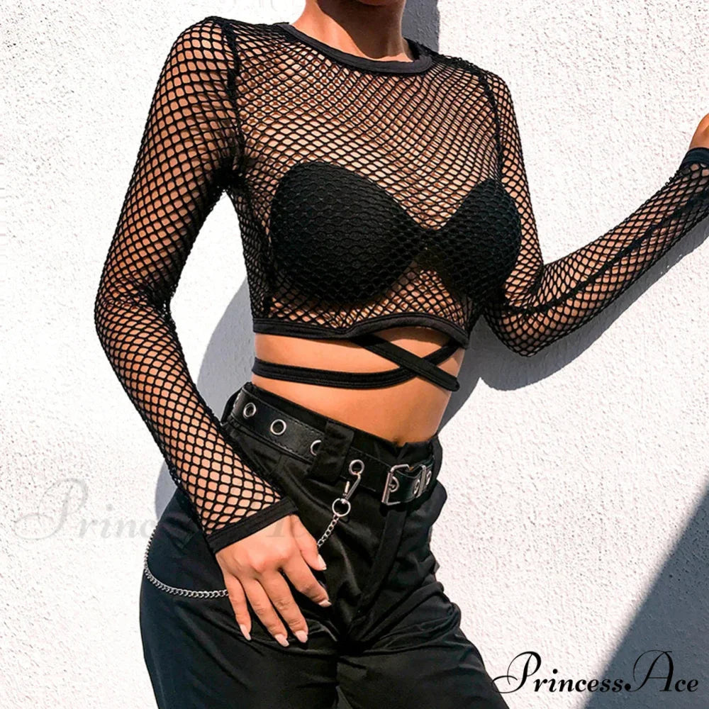 Sexy Lace-up Fishing Net Short Black Hollow Out Stylish Elegant Trendy Chic Crop Top S