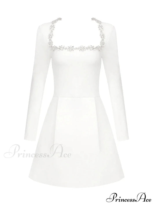 Sexy Long Sleeves Square Collar Crystal A-Line Slim Dress Elegant Christmas Party Dress WHITE / XS