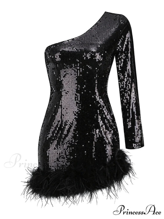 Sexy Luxury Sequins Trendy One Shoulder Mini Dress Black / XS