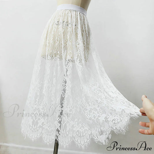 Sexy Mesh Lace Transparent Long Tulle Skirt Lace White / One Size