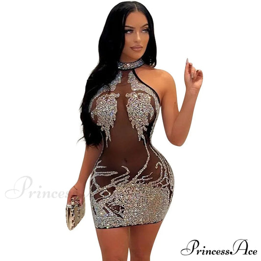 Sexy Mesh Rhinestone Short Prom Evening Mini Dress Black / S