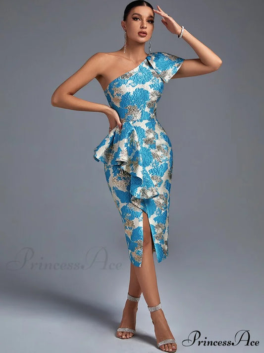 Sexy Midi One Shoulder Blue Bodycon Dress