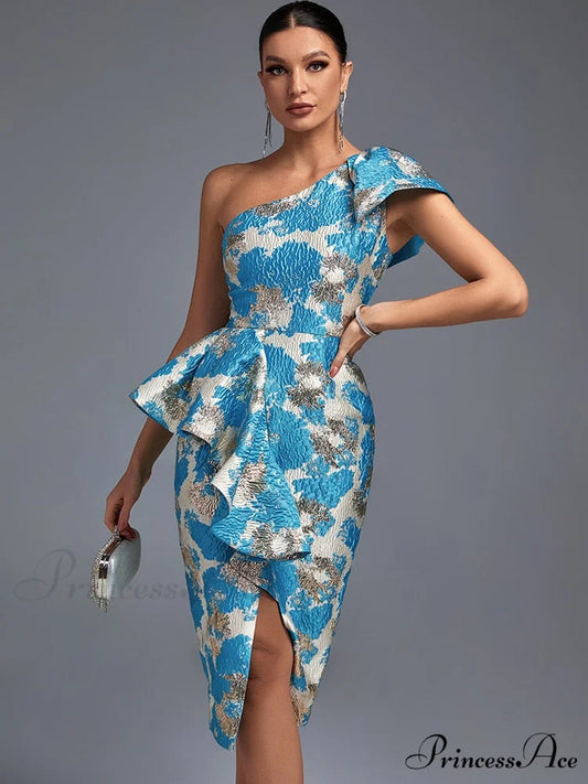 Sexy Midi One Shoulder Blue Bodycon Dress Blue / XL