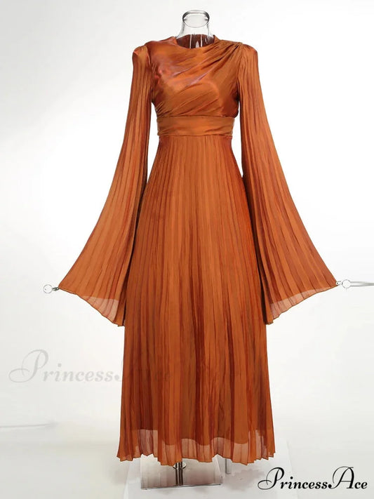 Sexy O Neck Batwing Sleeve Pleated Long Dress Women Rose Christmas Party Dress Brown / XS