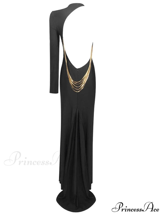 Sexy O Neck One Shoulder Backless Chain Black Long Evening Christmas Party Dress Black / XS