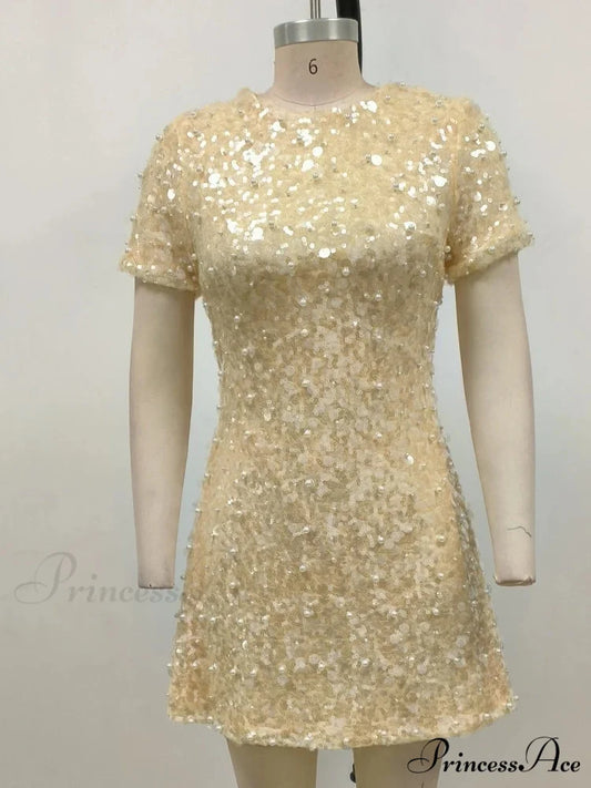 Sexy O Neck Short Sleeve Shiny Sequins Beaded Mini Elegant Christmas Party Dress APRICOT / XS