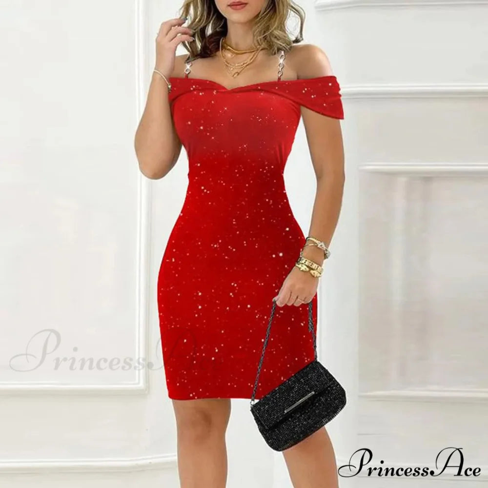 Sexy Off Shoulder Bodycon Formal Summer Slim Fit Party Club Evening Christmas Party Dress Red / S