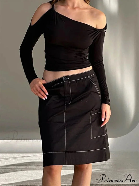 Sexy Off Shoulder Long Sleeve Neck Solid Color Slim Fit T-shirts