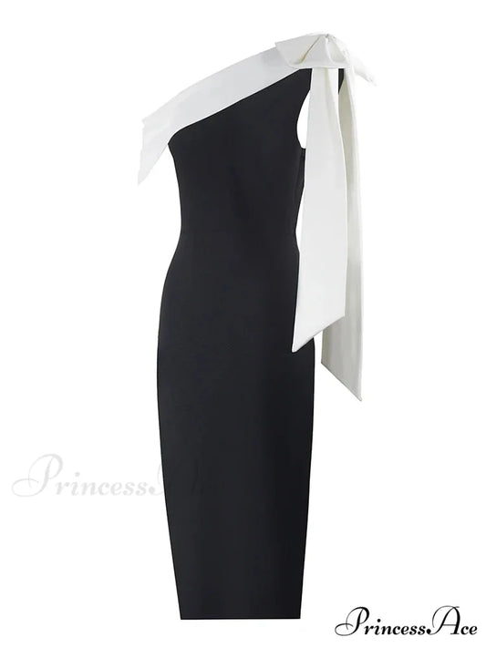 Sexy One Shoulder Bow Tie Midi Bandage Dress Black White Christmas Party Dress Black / S