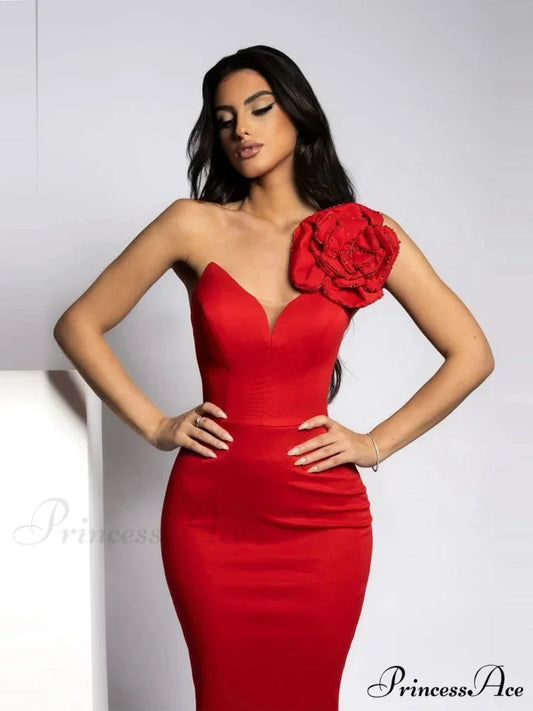 Sexy One Shoulder Diamonds Flower Patchwork Maxi Red Christmas Party Dress
