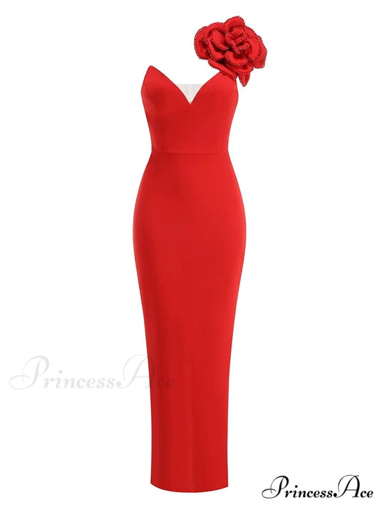 Sexy One Shoulder Diamonds Flower Patchwork Maxi Red Christmas Party Dress Red / XS