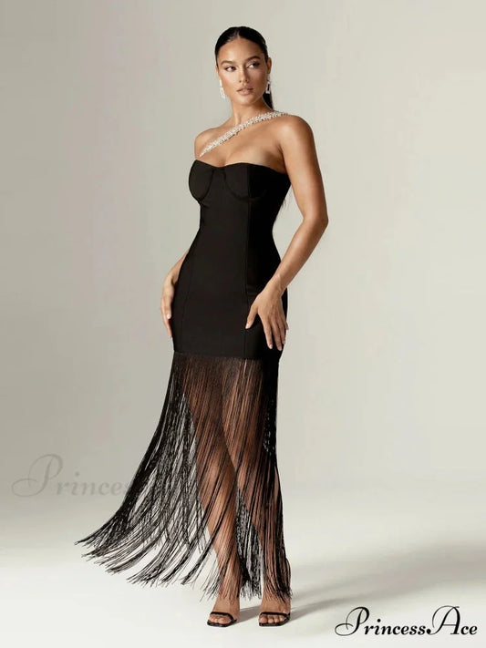 Sexy One Shoulder Diamonds Strap Tassel Bandage Dress Shiny Rhinestone Christmas Party Dress Black / XS