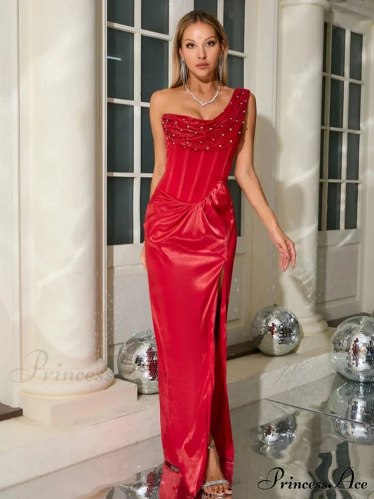 Sexy One Shoulder Embroidered Flares Slim Red Mesh Beaded Christmas Party Dress