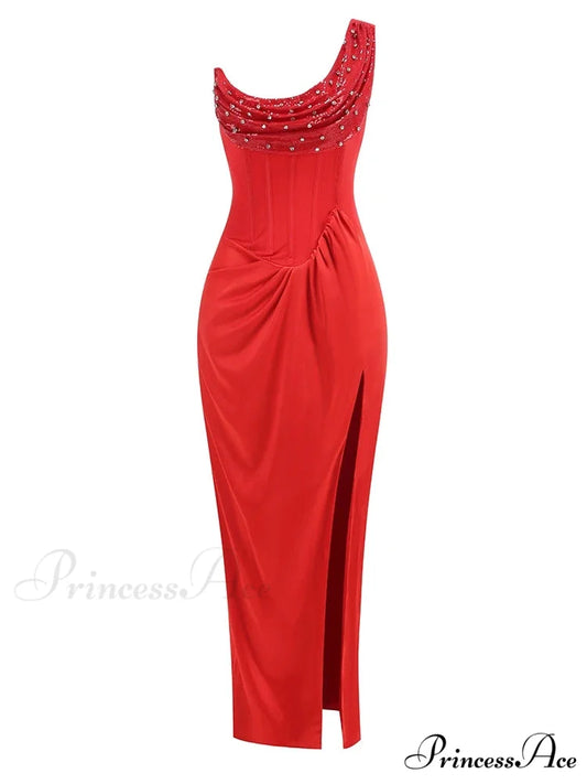 Sexy One Shoulder Embroidered Flares Slim Red Mesh Beaded Christmas Party Dress Red / XS
