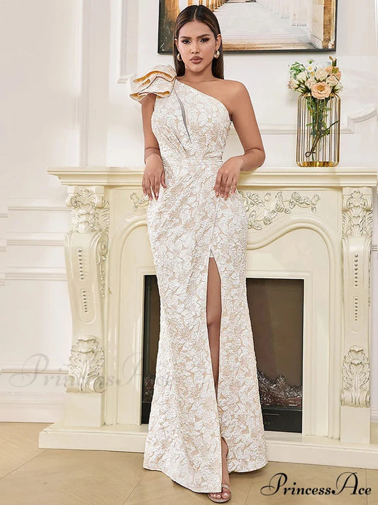 Sexy One Shoulder Flower Jacquard Long Sleeveless Folds Christmas Party Dress white / XS