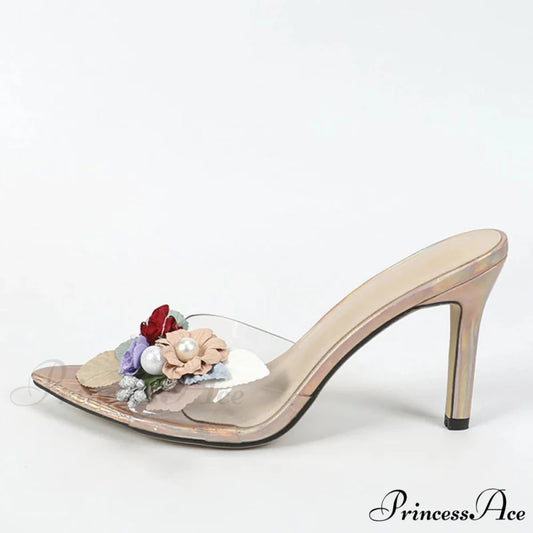 Sexy Pointed Thin High Mixed Colorful Flower Pvc Transparent Summer Party High Heel Champagne / 35