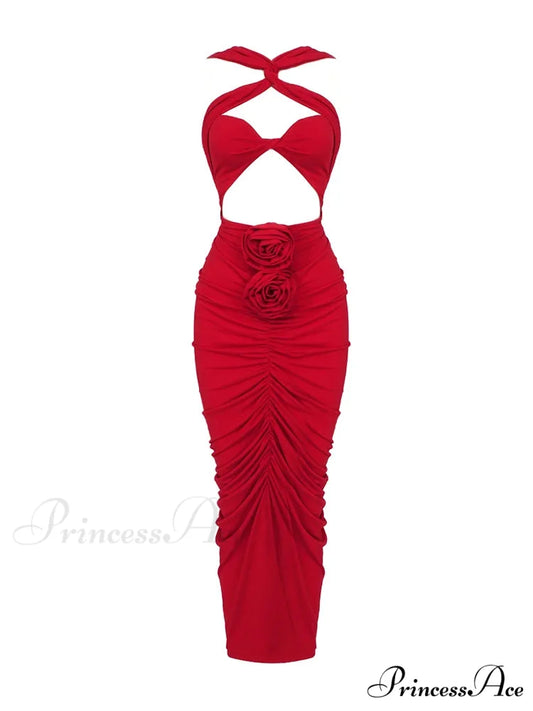 Sexy Sleeveless Flower Design Bodycon Midi Dress Cross Sling Cut Out Christmas Party Dress Red / S