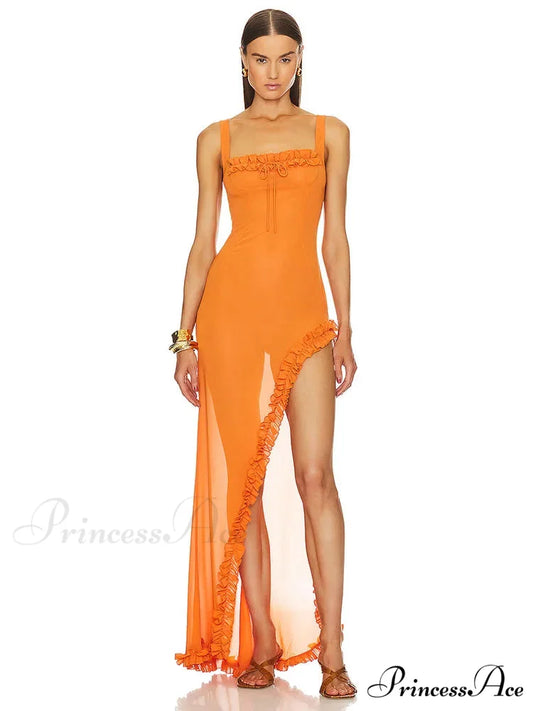 Sexy Sleeveless Square Mesh Perspective Ruffle Long Orange Sheer IrRegular Christmas Party Dress Orange / S