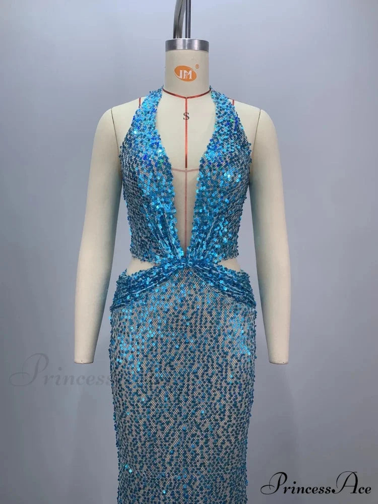 Sexy Sling Deep V-Neck Sequins Long Dress Hollow Out Slim Christmas Party Dress