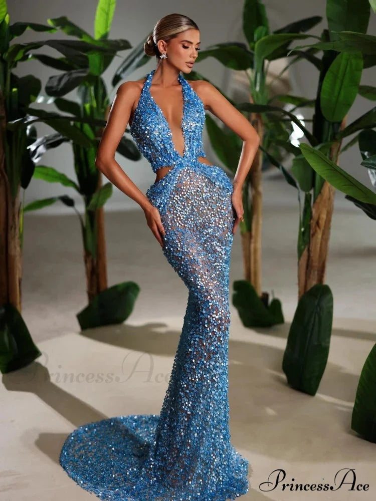 Sexy Sling Deep V-Neck Sequins Long Dress Hollow Out Slim Christmas Party Dress