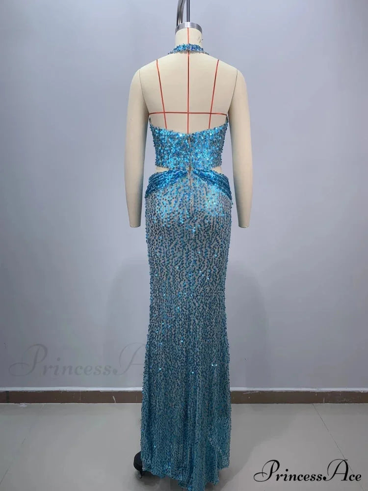 Sexy Sling Deep V-Neck Sequins Long Dress Hollow Out Slim Christmas Party Dress