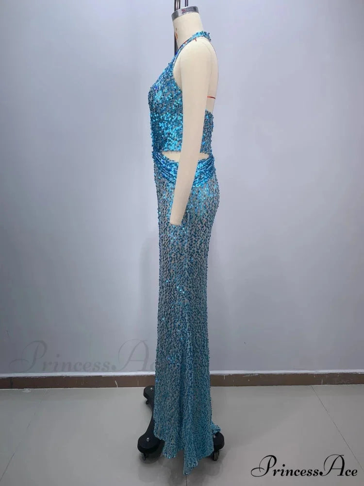 Sexy Sling Deep V-Neck Sequins Long Dress Hollow Out Slim Christmas Party Dress
