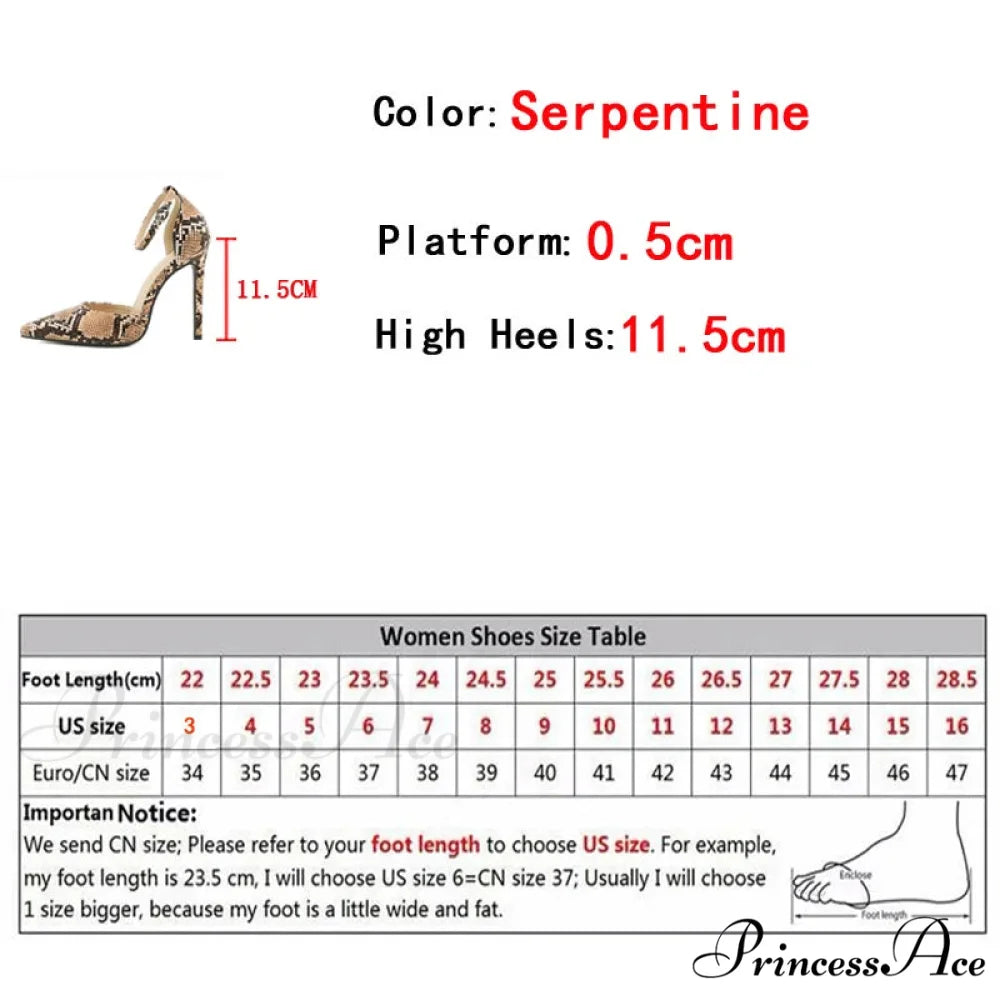 Sexy Snake Print Pointed Toe Stripper Heels Women Pumps Sandals Ankle Buckle Strap Stilettos Party Prom Shoes Lady