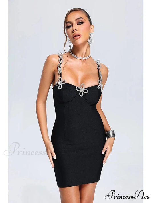 Sexy Spaghetti Strap Diamond Bow Flower Bandage Black Sleeveless Christmas Party Dress Black / S