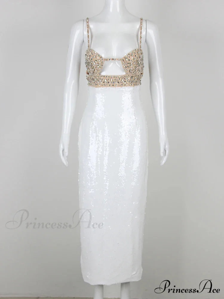 Sexy Spaghetti Strap Luxury Diamond Sequin Dress White Backless Midi Christmas Party Dress