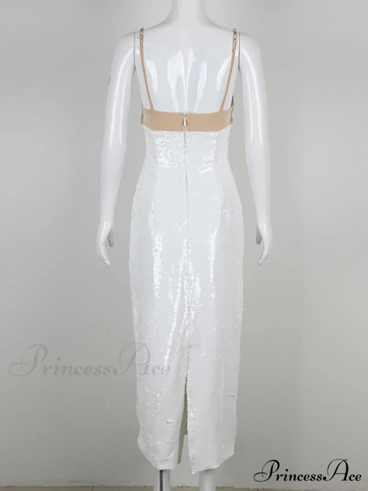 Sexy Spaghetti Strap Luxury Diamond Sequin Dress White Backless Midi Christmas Party Dress