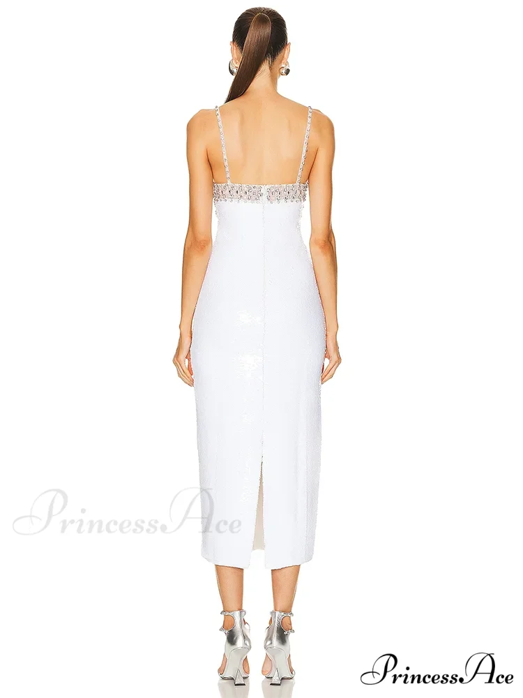 Sexy Spaghetti Strap Luxury Diamond Sequin Dress White Backless Midi Christmas Party Dress