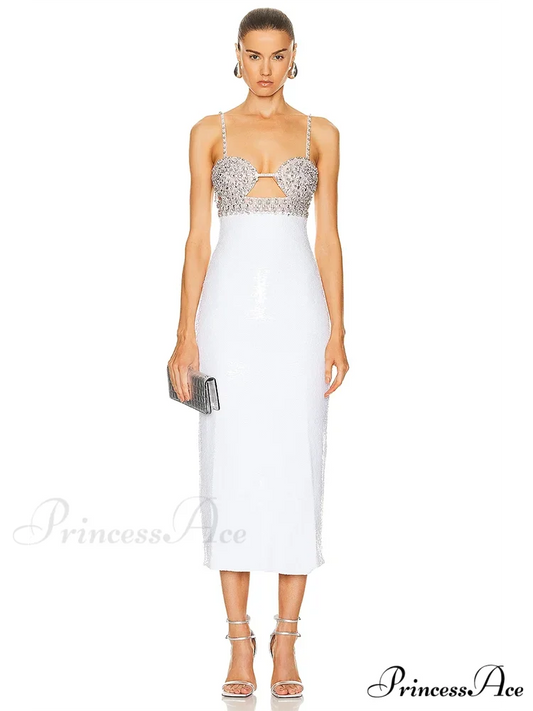Sexy Spaghetti Strap Luxury Diamond Sequin Dress White Backless Midi Christmas Party Dress