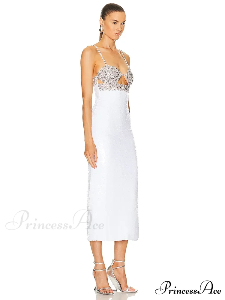 Sexy Spaghetti Strap Luxury Diamond Sequin Dress White Backless Midi Christmas Party Dress