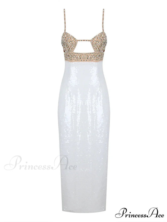 Sexy Spaghetti Strap Luxury Diamond Sequin Dress White Backless Midi Christmas Party Dress WHITE / S