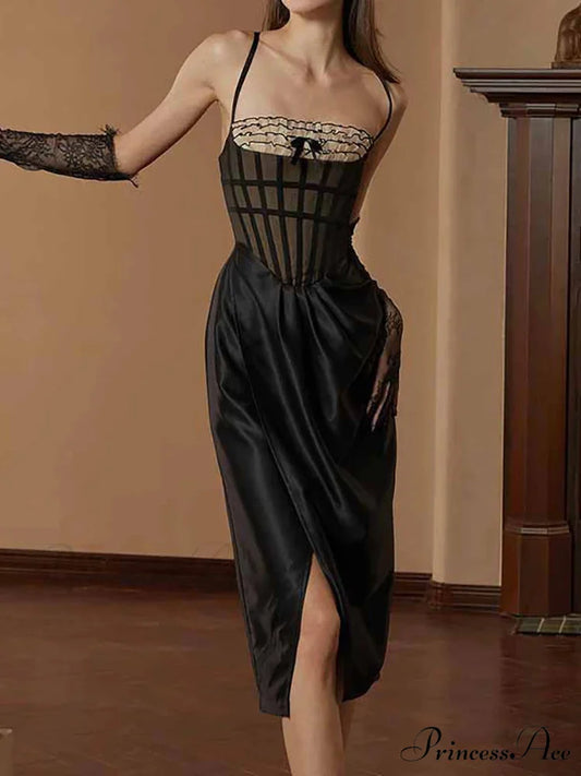 Sexy Spaghetti Strap Ruffles Bow Design Midi Black Sleeveless Christmas Party Dress Black / XS