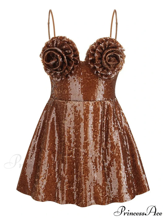 Sexy Spaghetti Strap Sequins Flower Mini A-Line Backless Christmas Party Dress Brown / XS
