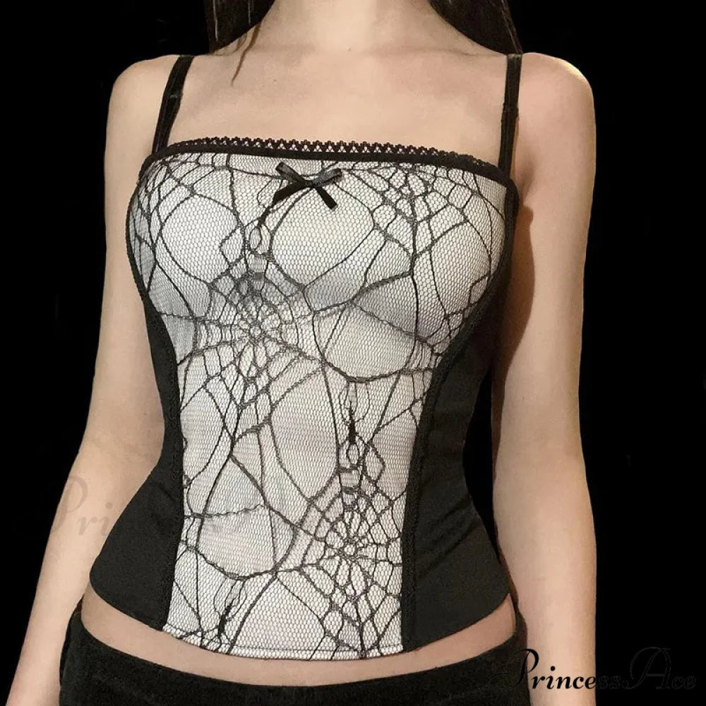 Sexy Spider Web Lace Patchwork Gothic Punk Sleeveless Square Collar Trendy Stylish Crop Top WHITE / S