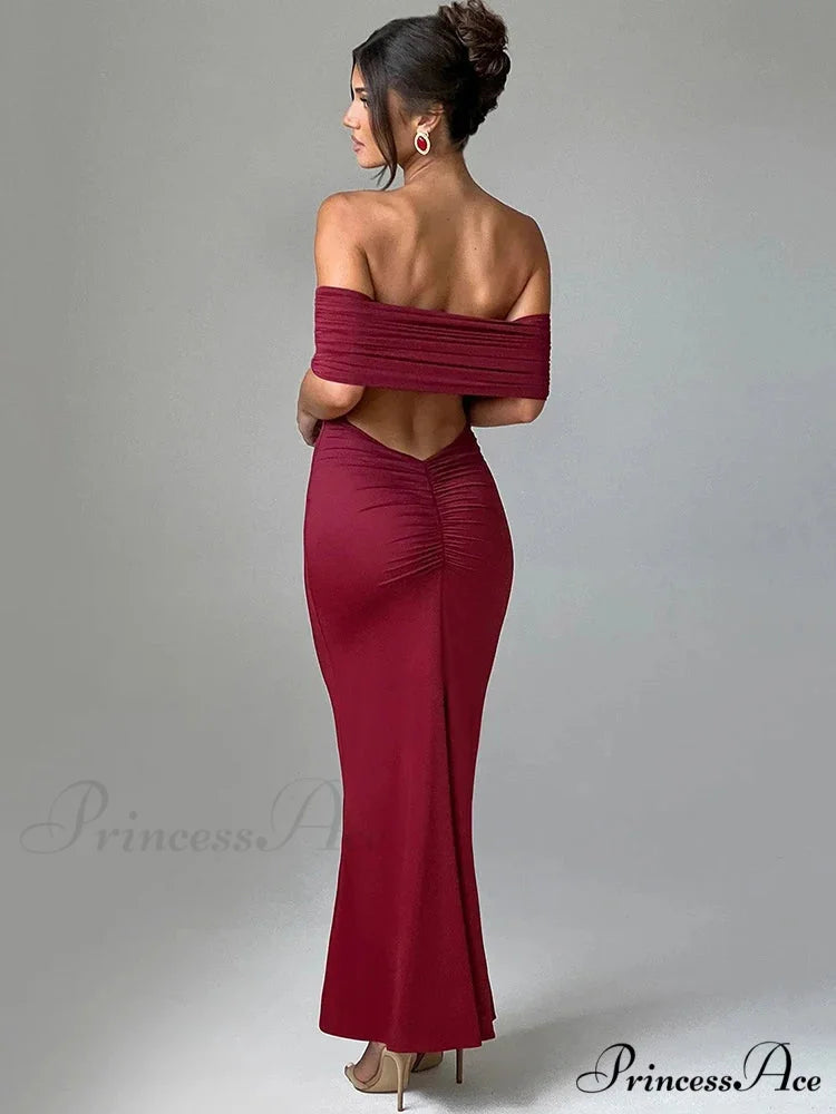 Sexy Strapless Backless Maxi Dress - Solid Off-shoulder Sleeveless Bodycon Christmas Party Dress Wine Red / S
