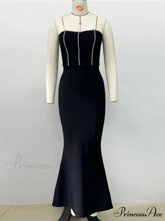 Sexy Strapless Diamonds Chain Bandage Long Black Sleeveless Backless Crystal Christmas Party Dress Black / XS