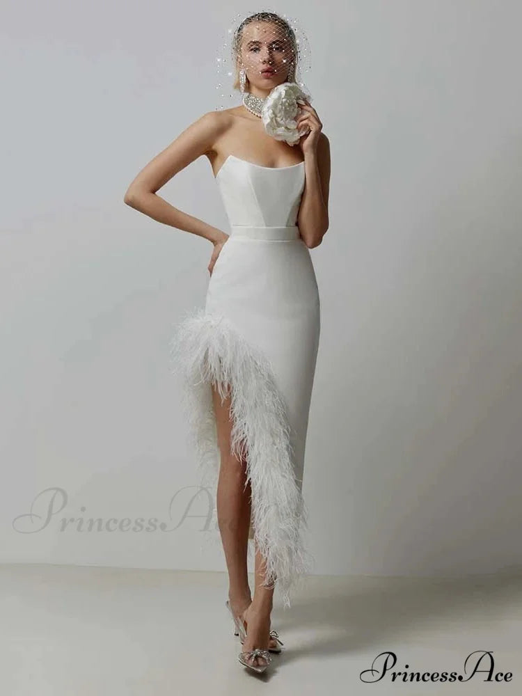 Sexy Strapless Feathers Midi Bandage Black White Backless Christmas Party Dress WHITE / S