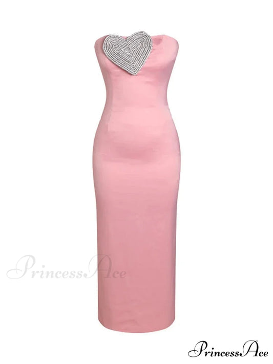 Sexy Strapless Heart Crystal Design Long Pink Sleeveless Diamonds Elegant Christmas Party Dress Pink / S