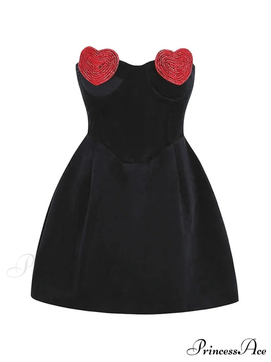 Sexy Strapless Heart Shape Crystal Design Mini Dress Velvet A-Line Christmas Party Dress Black / S