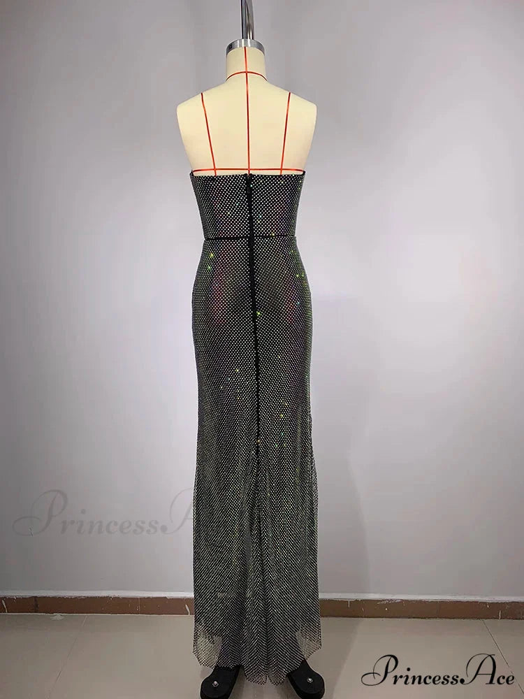 Sexy Strapless Luxury Diamonds Long Dress Shiny Sequins Crystal Folds Christmas Party Dress