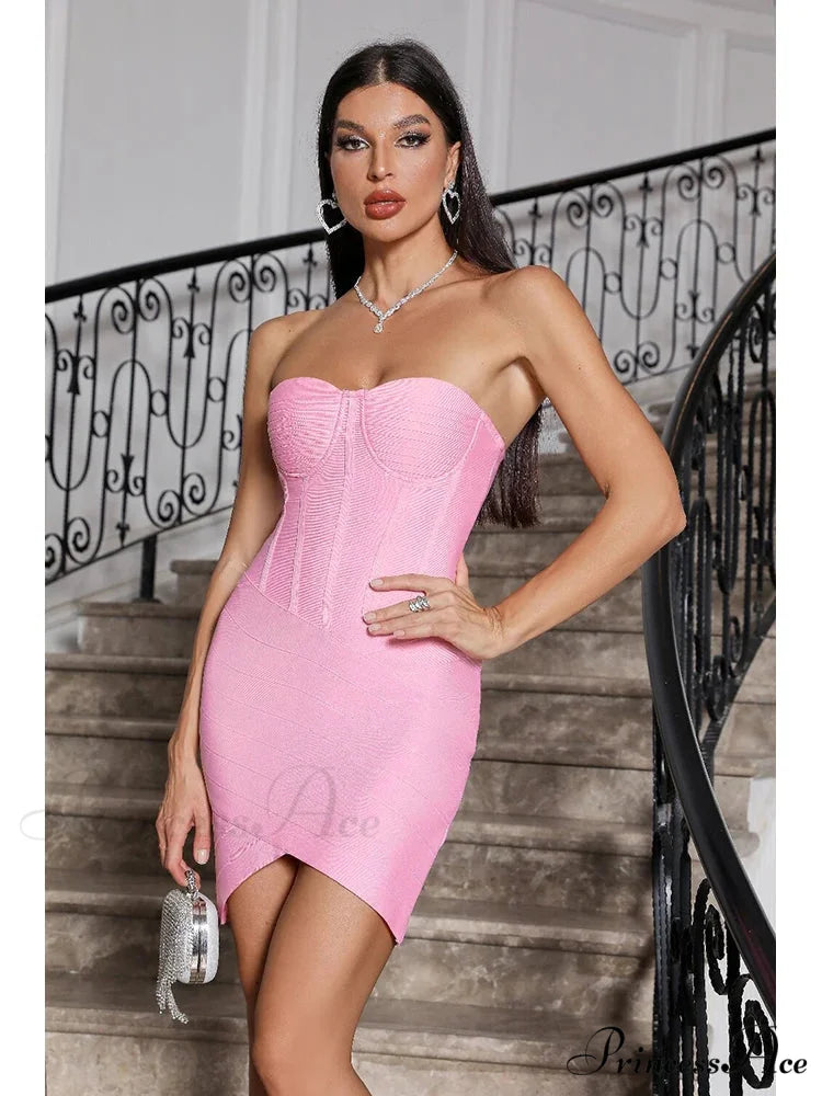 Sexy Strapless Mini Bandage Pink Sleeveless Backless Bodycon Christmas Party Dress Pink / S