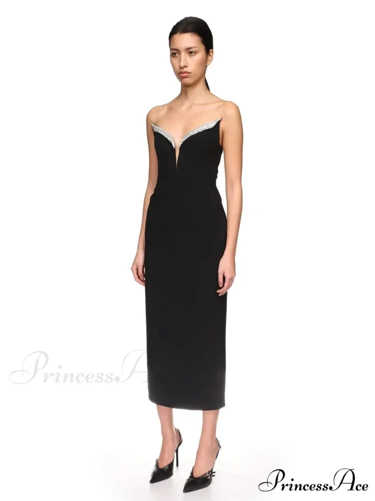 Sexy Strapless V Neck Diamonds Bandage Black Sleeveless Christmas Party Dress Black / XS