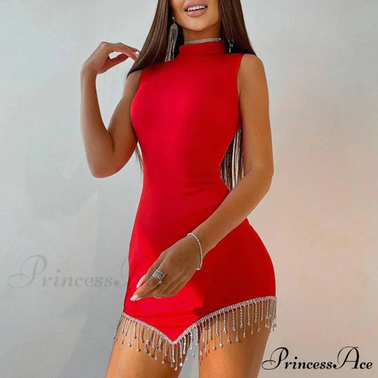 Sexy Summer Contrast Color Rhinestones Mini Dress Women Round Neck Sleeveless Christmas Party Dress