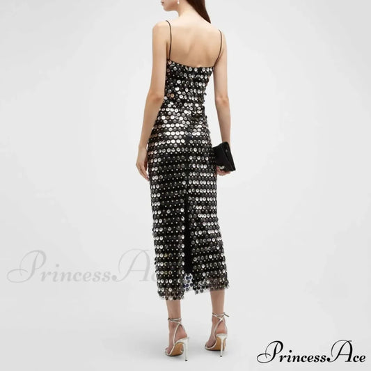 Sexy Suspender Slim Sequin Sleeveless Sling Cocktail Evening Gown Chic Lady Elegant Sequins Backless Party Dress