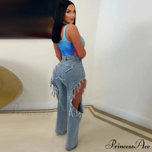 Sexy Tassels Ripped Baggy Summer 2024 Female Bottoms Streetwear High Waist Denim Jean Blue / S