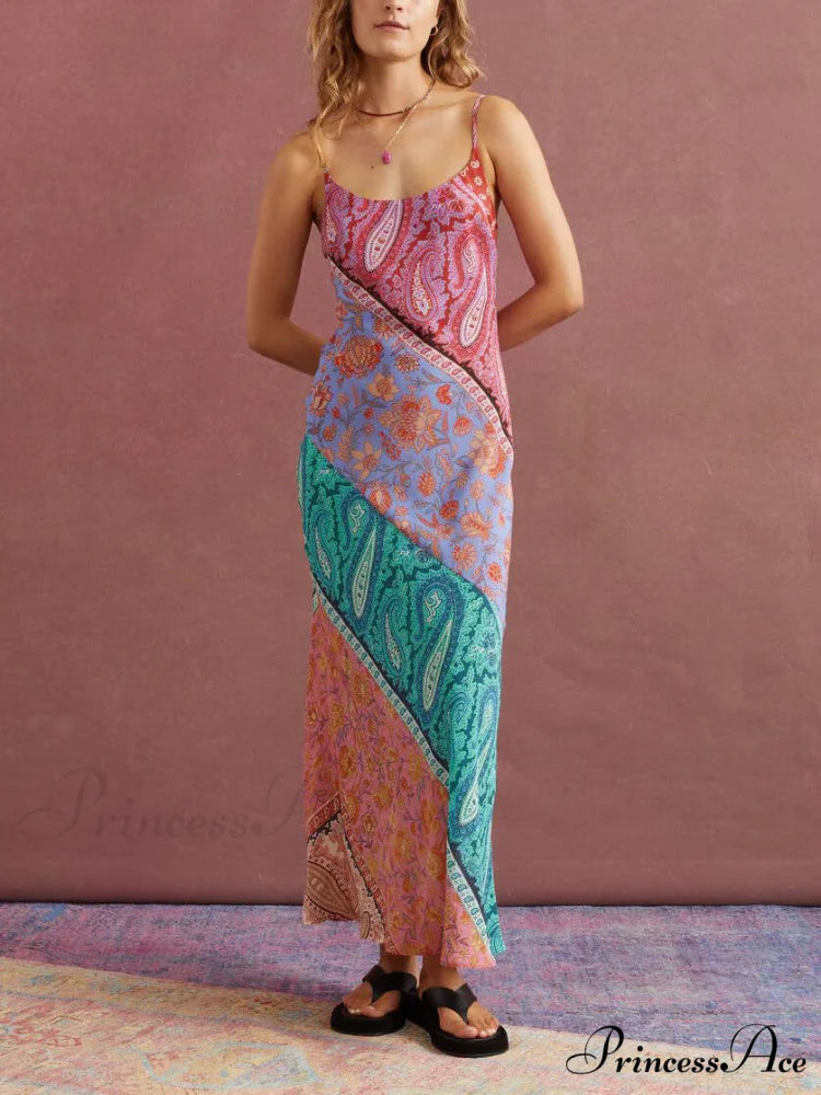 Sexy U-Neck Backless Bosnian Graceful Print Suspender Maxi Dress Multicolor / S